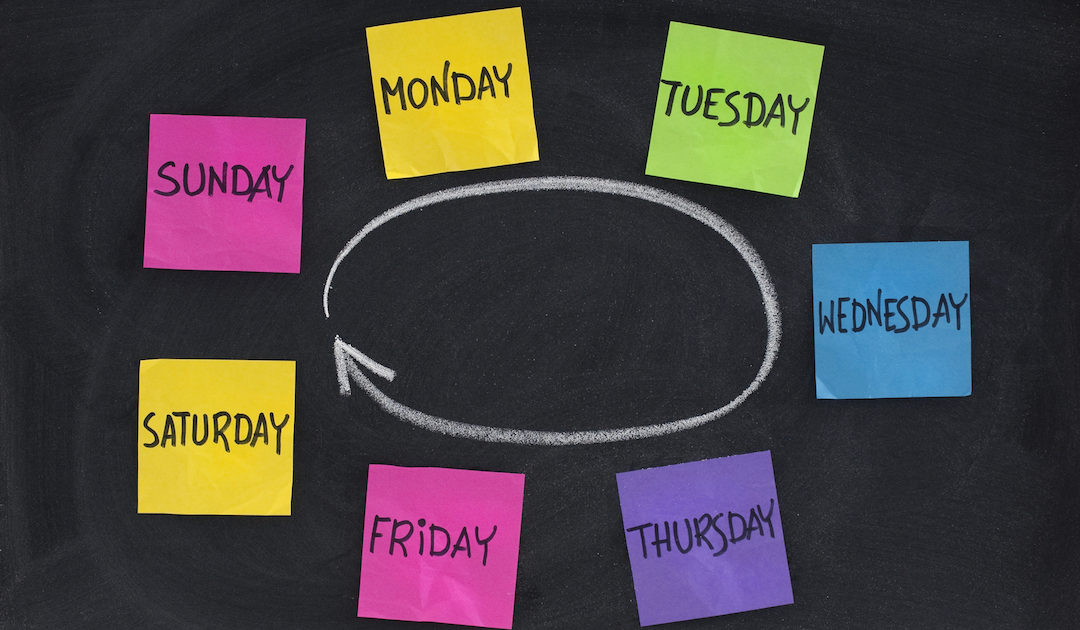 Days of week presented as a cycle with colorful sticky notes and white chalk on blackboard